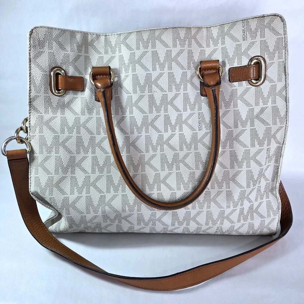 Michael Kors Hamilton White & Brown Leather Satchel Shoulder Bag